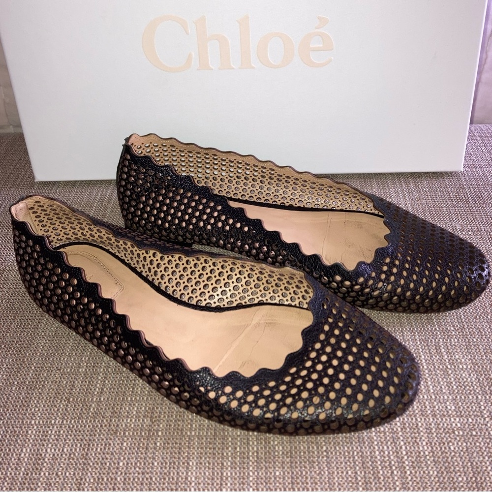 Chloe | Lauren Scalloped Perforated Ballet Flats | 39 EU | 8.5 US | BLK | EUC